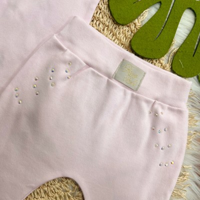 Conj. de Malha 3 peças - Flores de Corações com Strass - Rosa Bebê e Off White
